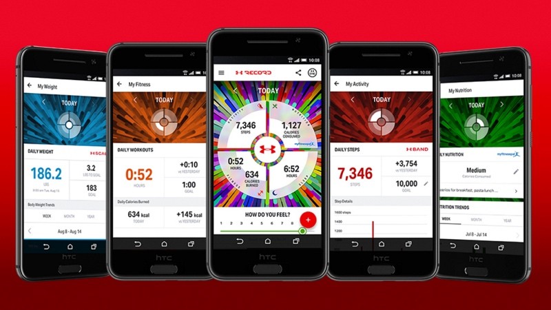 Assorted mobile devices on different screens of the UA Record app.