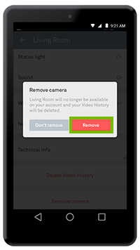 Camera removal confirmation query screen