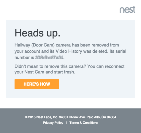 Camera removal confirmation email