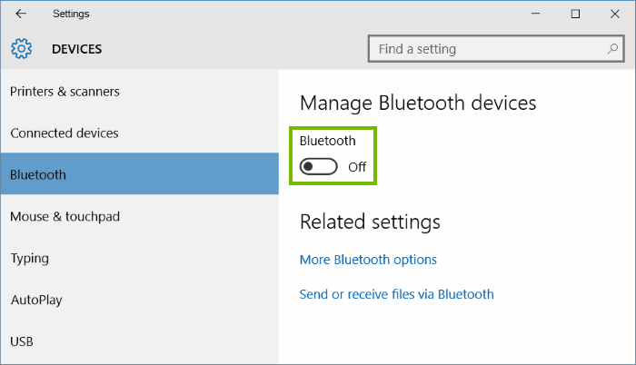 Devices settings with Bluetooth selected on left column and Bluetooth toggle highlighted
