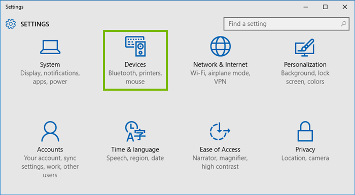 Windows 10 Settings with Devices highlighted