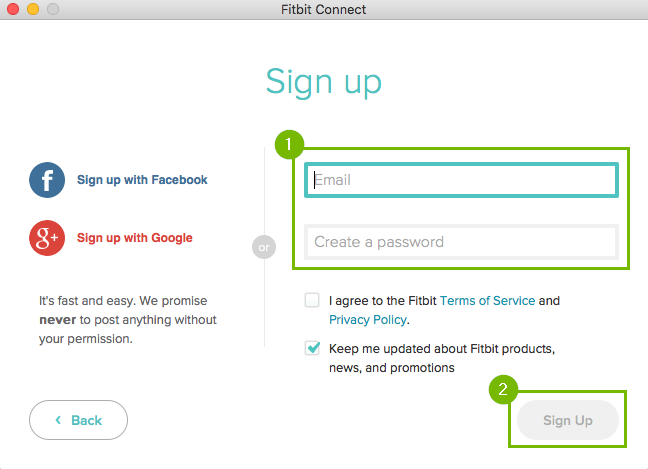 Fitbit Sign up page with e-mail and password highlighted and then sign up is highlighted