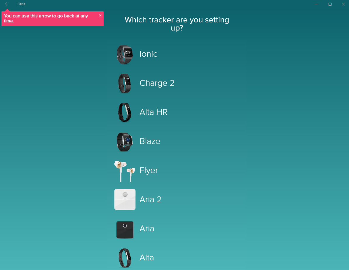 Fitbit app with a list of trackers