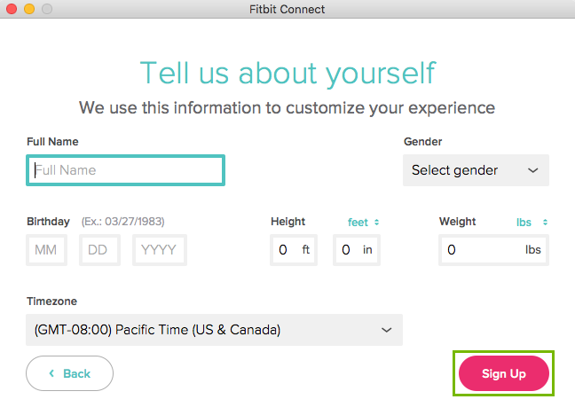 Tell us about yourself page with Full Name, Gender, Birthday, height, and weight with Sign Up highlighted
