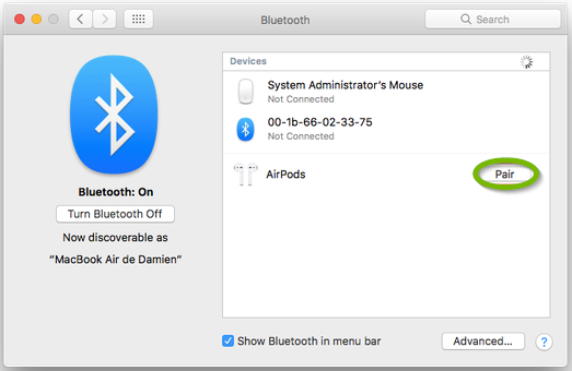 macOS Bluetooth window open highlighing an available AirPods device.