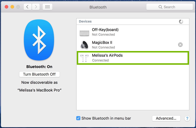 macOS Bluetooth window highlighting a successfully connected AirPods device.