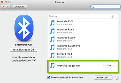 screenshot of macOS bluetooth system Preferences highlighting an unpaired Bluetooth device with the pair button on the right