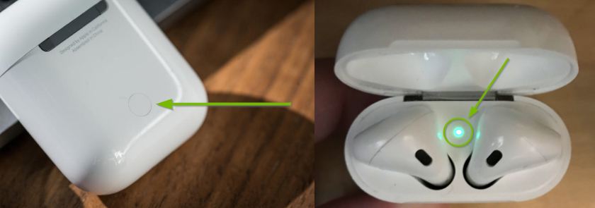 Apple AirPods rear setup button, and the AirPods case open with the status light lit being highlighted.