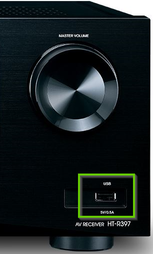 The front of an onkyo receiver showing the USB port in the bottom right.