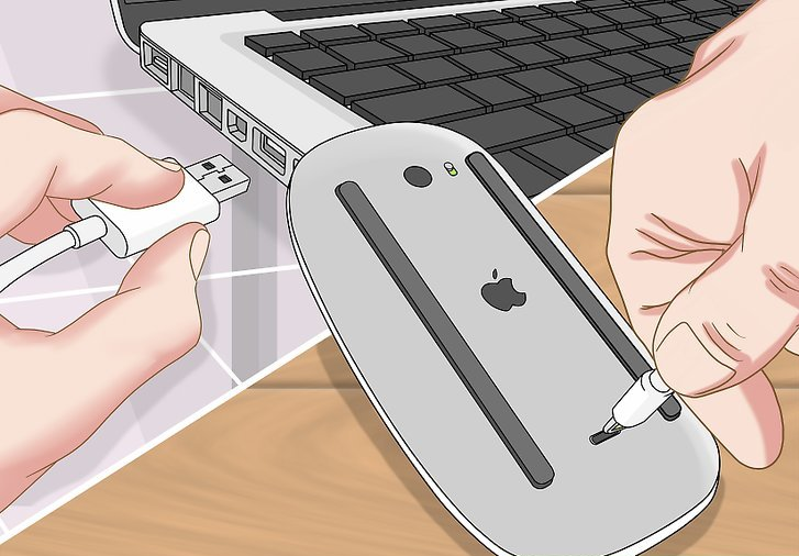 Connecting an Apple Magic Mouse to a Mac with the supplied lightning to USB cable.