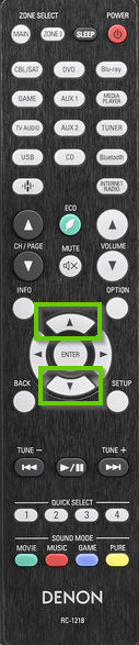 Denon remote showing the up and down buttons circled