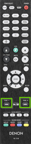Denon remote showing the tuner buttons highlighted