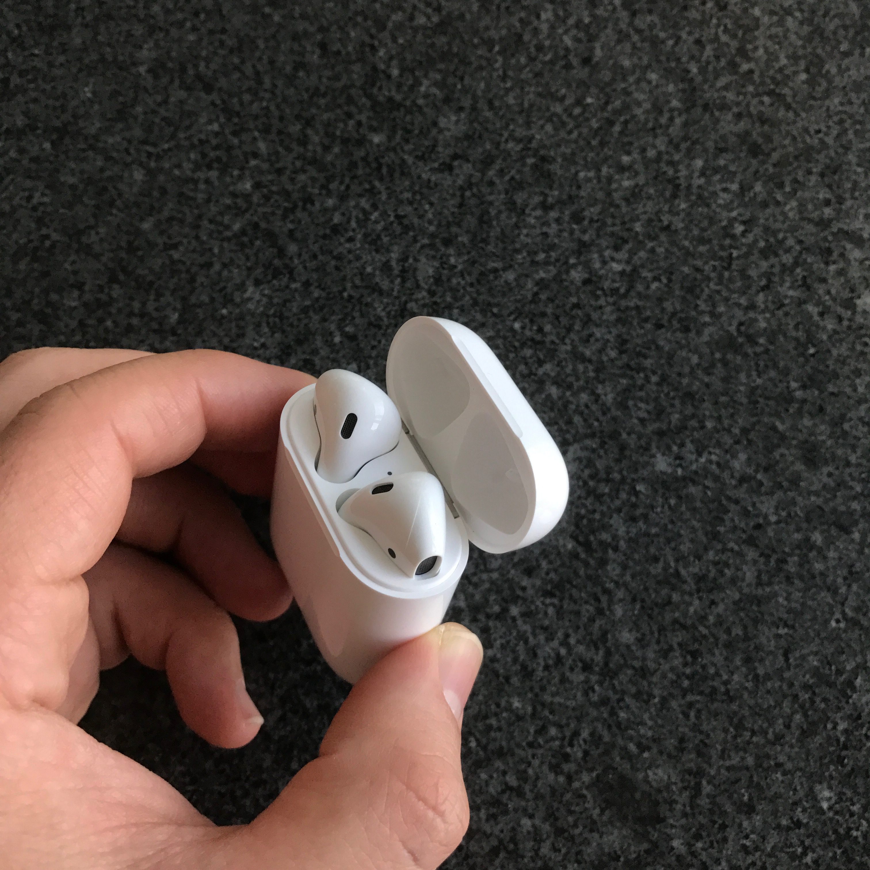 Apple AirPods in their case with the lid opened.
