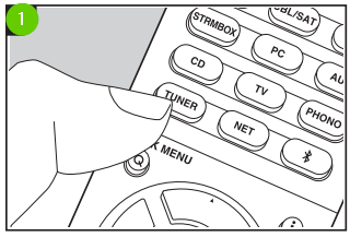 An onkyo remote showing the tuner button