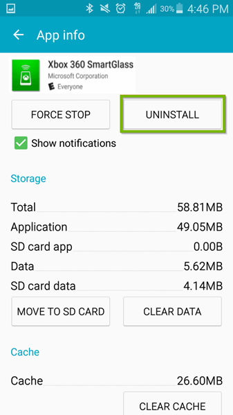 Xbox 360 SmartGlass app info screen with Uninstall selected. Screenshot.