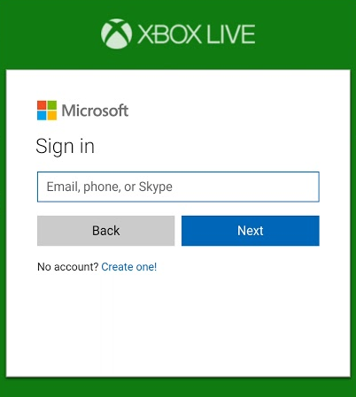 Xbox Live sign in within the SmartGlass app. Screenshot.