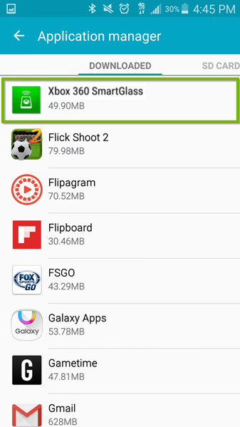 Application Manager with Xbox 360 SmartGlass app selected. Screenshot.
