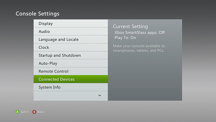 Console Settings screen with Connected Devices selected. Screenshot.