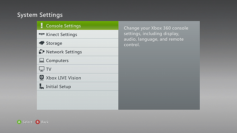 System Settings screen with Console Settings selected. Screenshot.