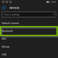 Device settings with Bluetooth option selected. Screenshot.