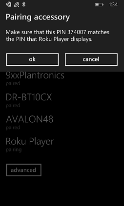 Pairing screen displaying PIN. Screenshot.