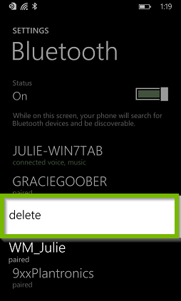 Bluetooth settings with delete option selected. Screenshot.