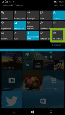 Drop down menu with All settings menu selected. Screenshot.