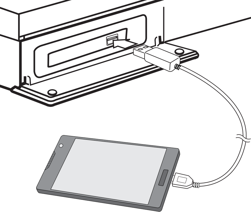 Android device being connected to home theater unit via USB cable.