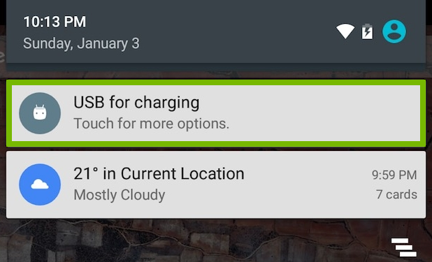 Android drop down menu with the USB for charging option highlighted.