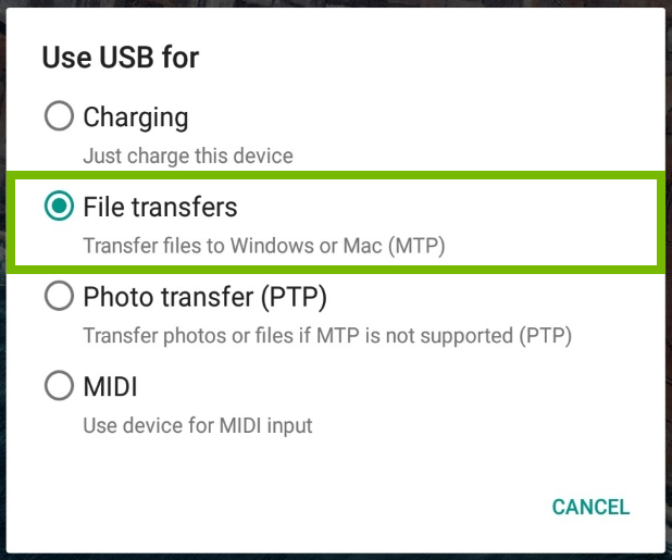 Android pop-up menu with File transfers option highlighted.