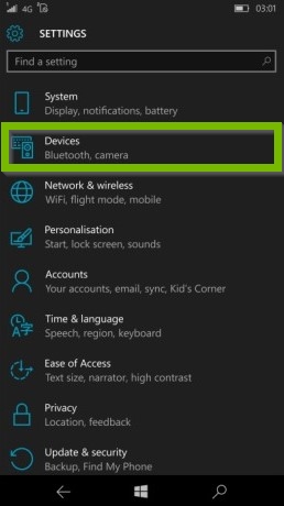 Settings screen with Devices option selected. Screenshot.