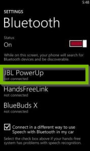 Bluetooth settings with list of available devices. Screenshot.