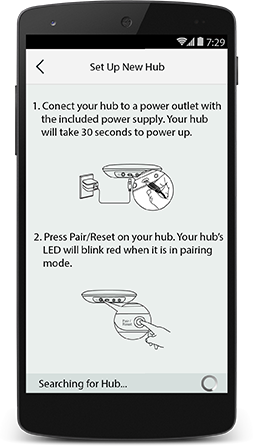Harmony app displaying instructions for connecting your hub to the app while it searches for an available hub.