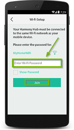 Harmony app prompting for the current Wi-Fi network's password with the join button highlighted.