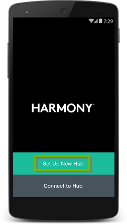 Harmony app highlighting the set up new hub button.