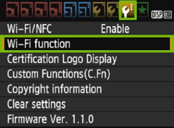 Camera menu with third wrench icon and Wi-Fi Function highlighted