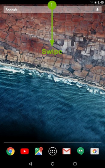 Android home screen with arrow pointing down indicating to swipe down on screen