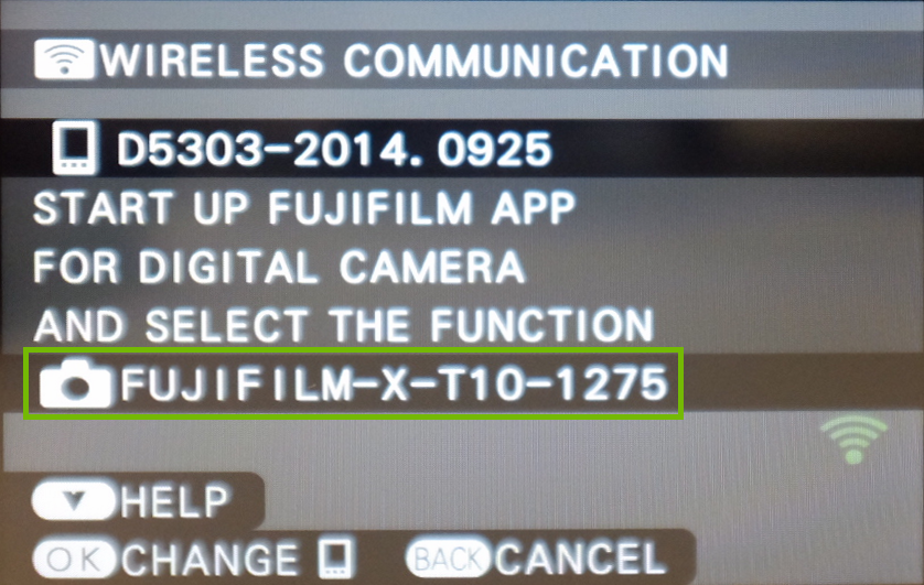 screenshot of the camera with the Wi-Fi network highlighted