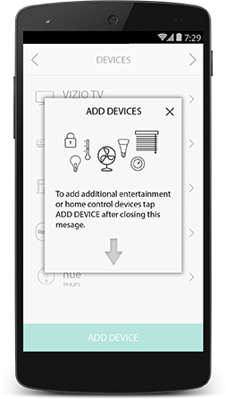 Harmony app add device screen with instructions on adding a new device.