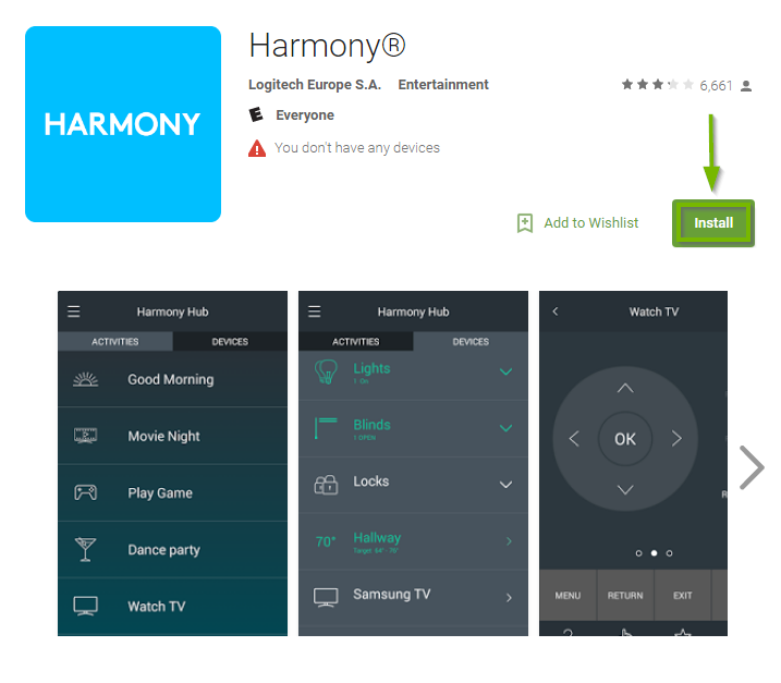 Google Play store displaying the Harmony app landing page with the install button highlighted.