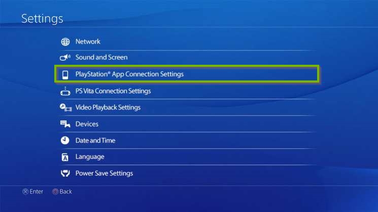 PS4 Settings screen with PlayStation App Connection Settings selected. Screenshot.