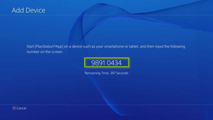 PS4 displaying 8-digit code to be used with the PlayStation app.