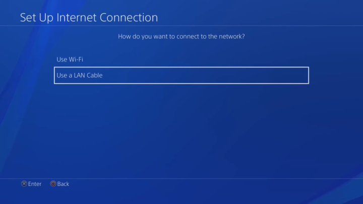 Set Up Internet Connection screen with Use a LAN Cable option selected. Screenshot.