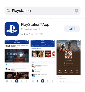 Searching for the PlayStation app on the App store. Screenshot.