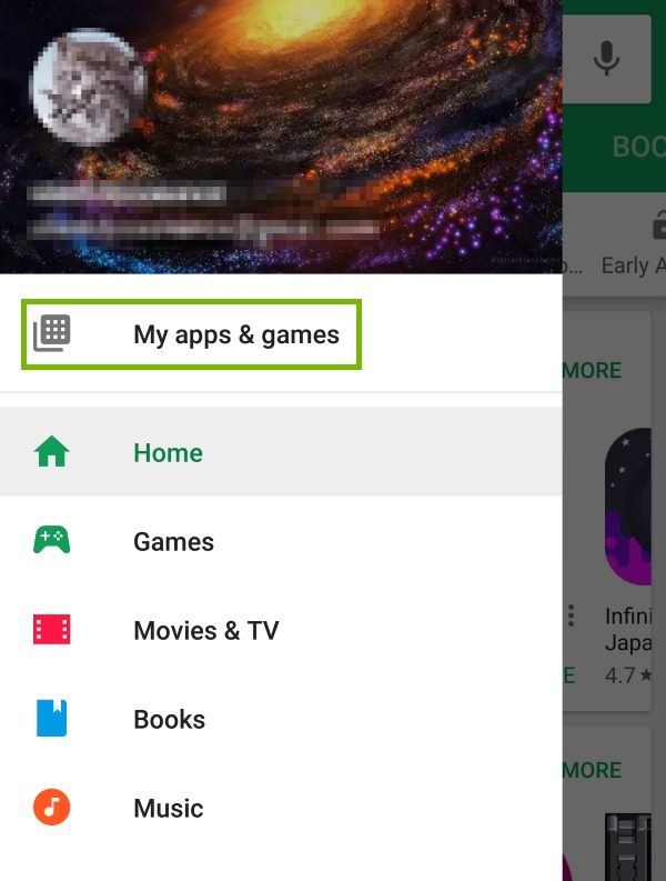 My app & games option highlighted in Play Store menu.