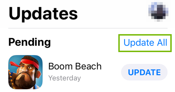Updates and Update All options highlighted in iOS Updates.