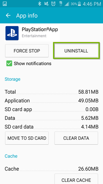 PlayStation App info page with Uninstall button selected. Screenshot.