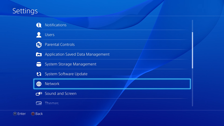 Settings screen with Network option selected. Screenshot.