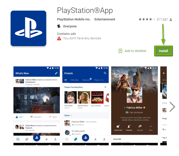 PlayStation App landing page with Install button highlighted. Screenshot.