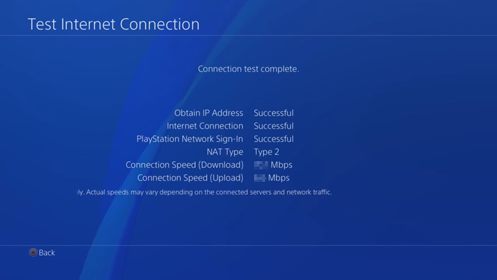 Internet connection test results.
